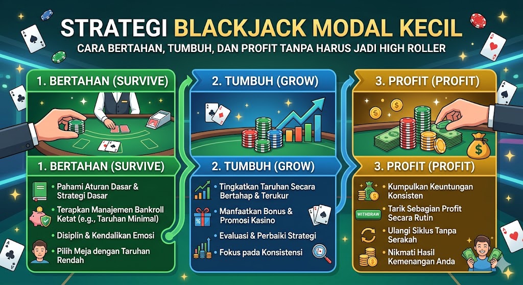 Strategi Blackjack Modal Kecil: Cara Bertahan, Tumbuh, dan Profit Tanpa Harus Jadi High Roller